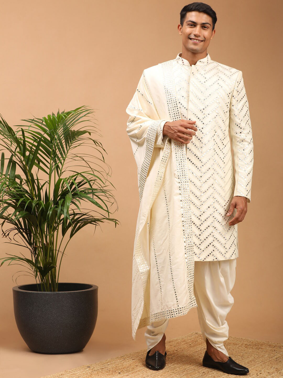 VASTRAMAY Men Cream Mirror Worked Sherwani Set With Embellished Dupatta