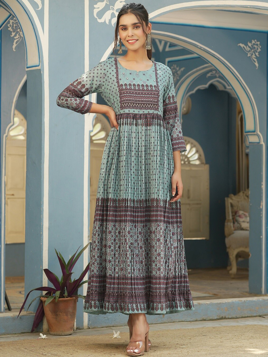 Juniper Women Blue Printed Cotton Ethnic Dress