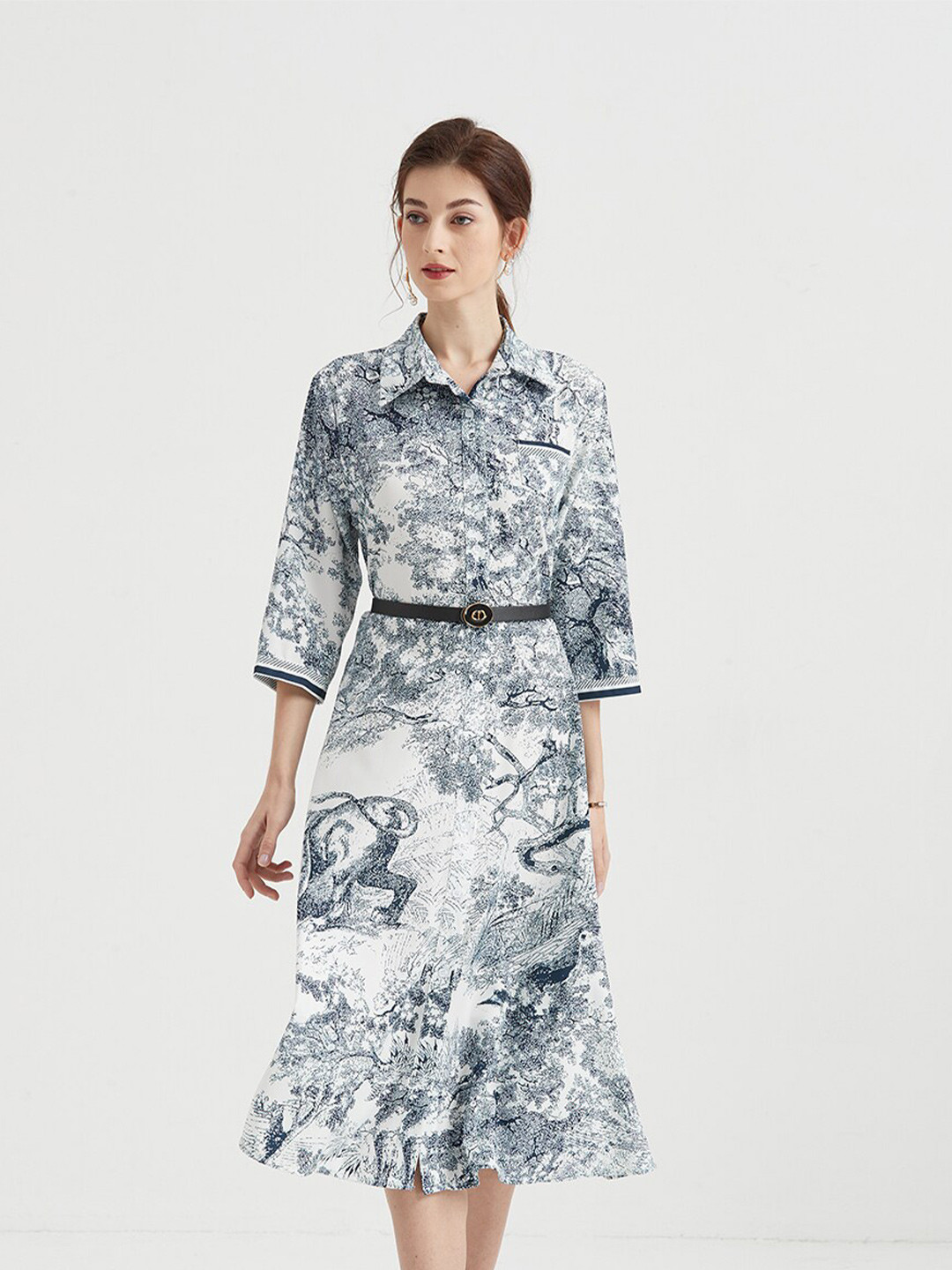 JC Collection Grey Floral Shirt Midi Dress