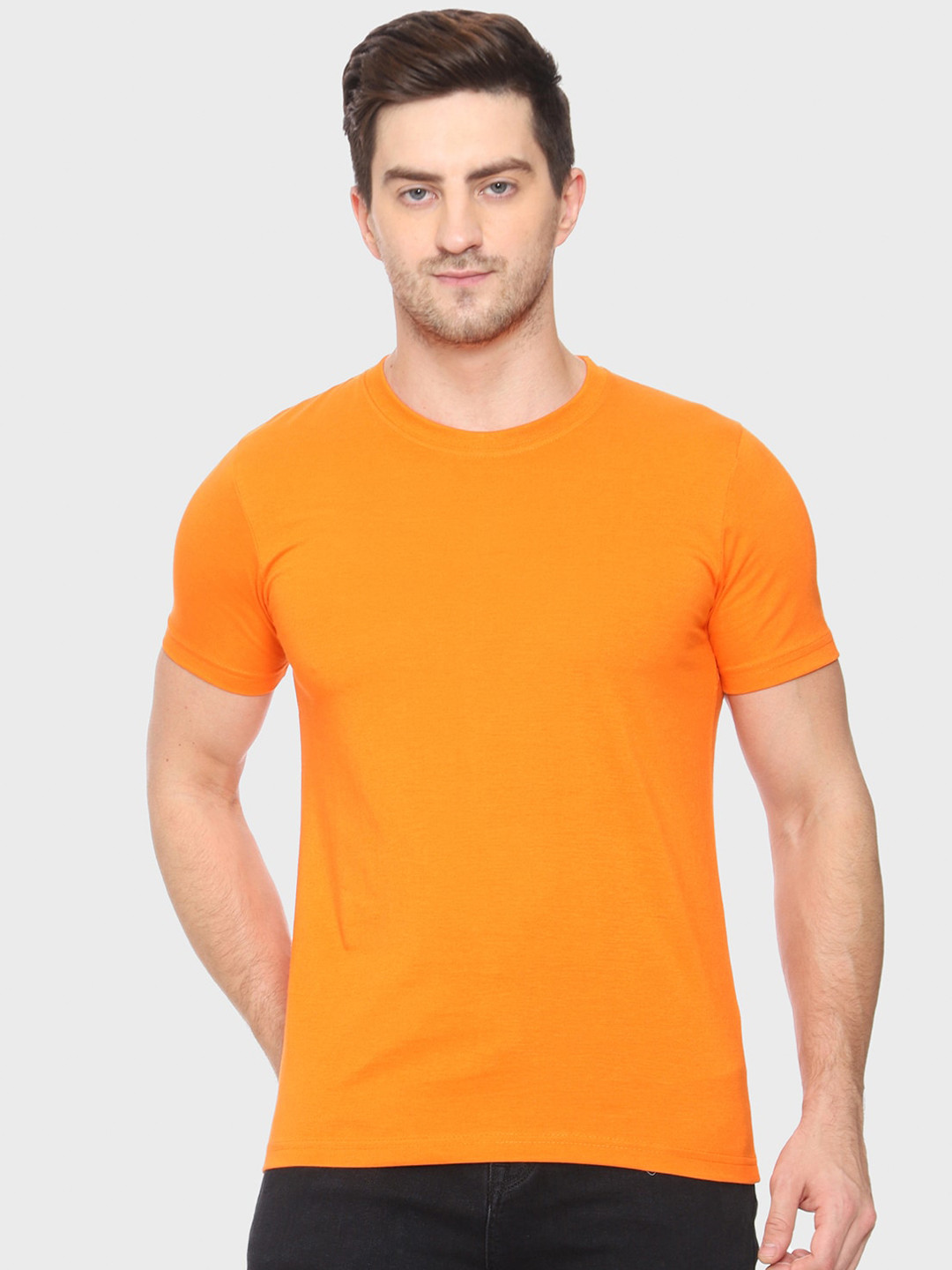 TEEMOODS Men Orange Solid Round Neck Cotton T-shirt