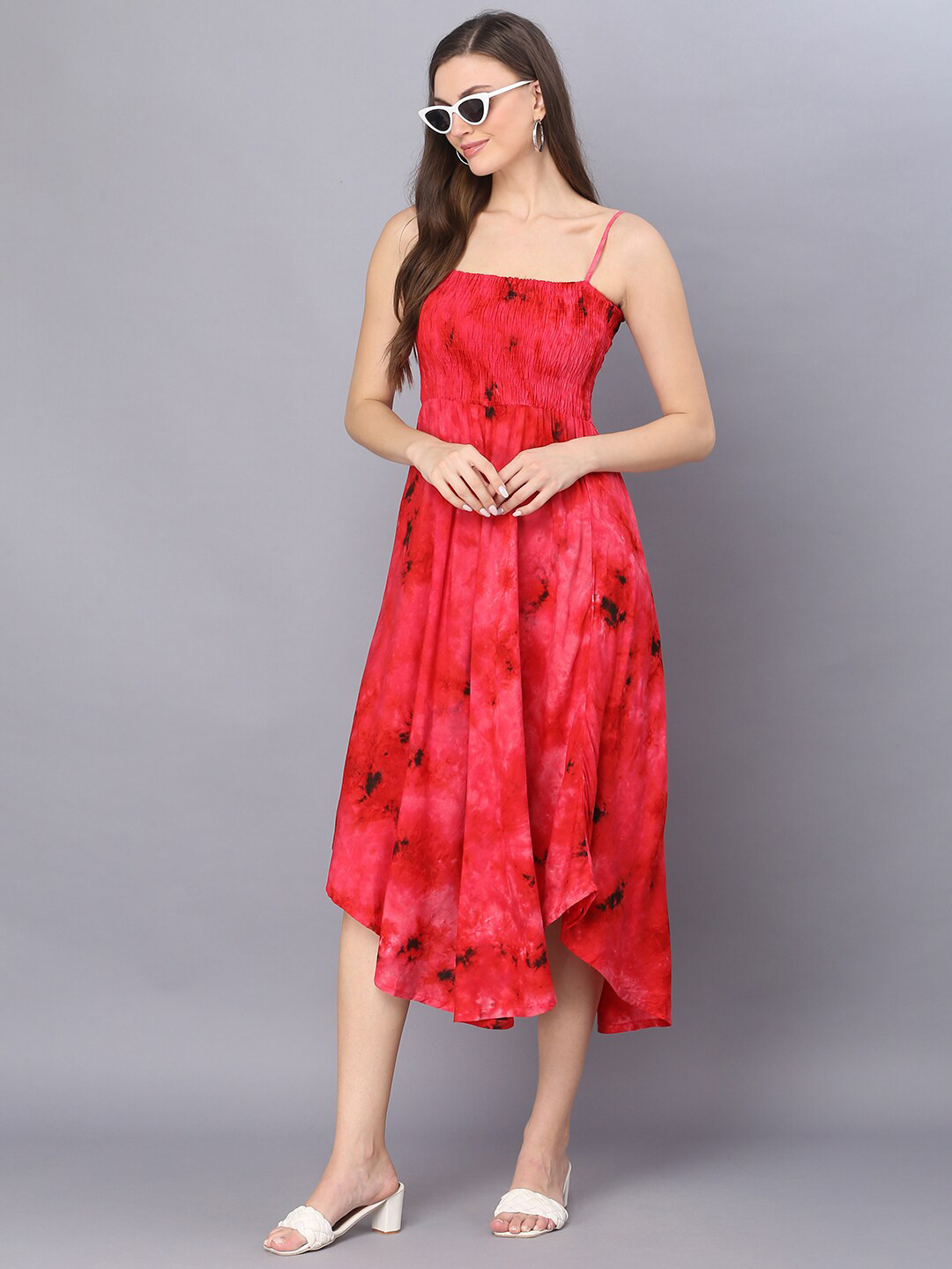 Vastralay Red & Black Tie and Dye Dyed Empire Midi Dress