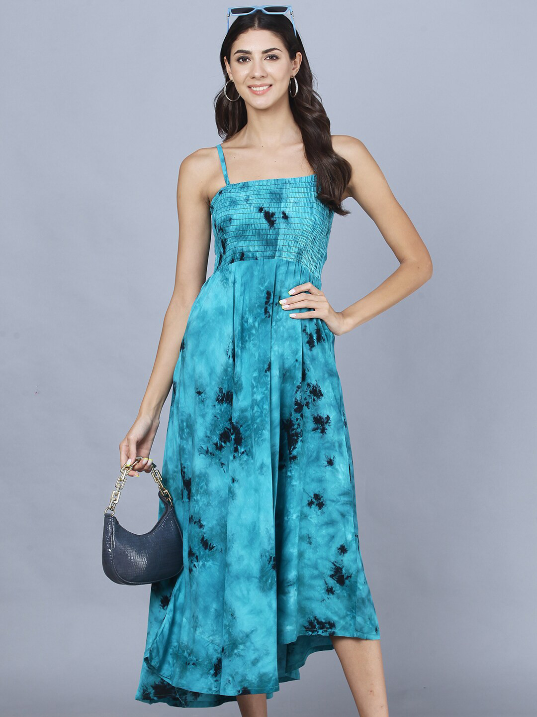 Vastralay Green & Black Tie and Dye Dyed Empire Midi Dress