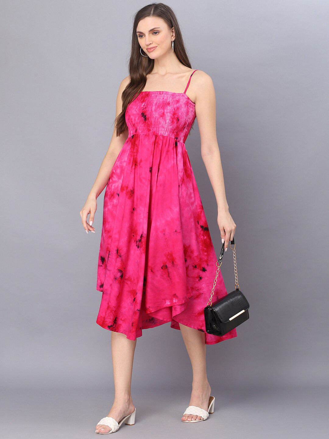 Vastralay Pink & Black Tie and Dye Dyed Empire Midi Dress