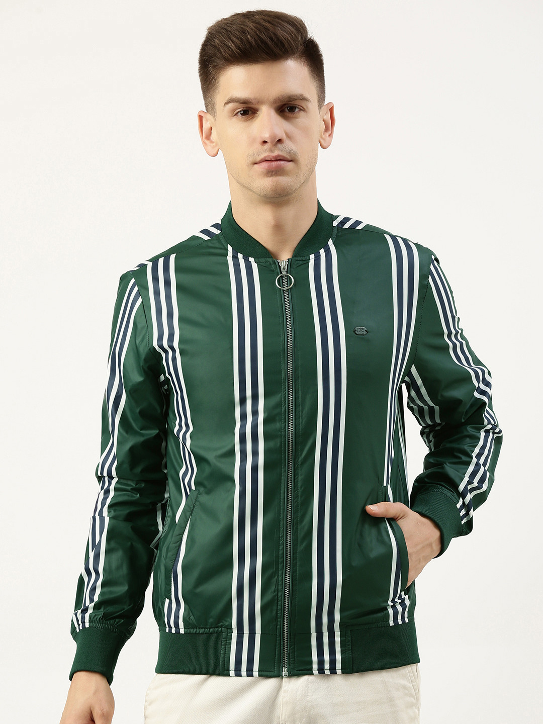Peter England Men Green & Navy Blue Striped Bomber Jacket