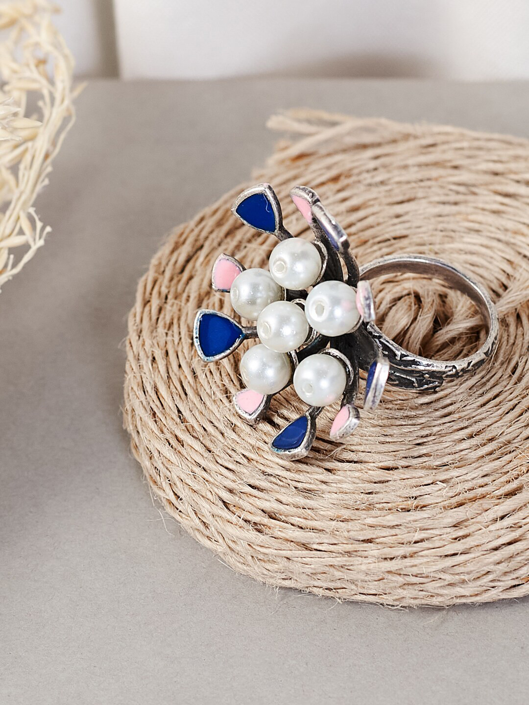 ATIBELLE Silver-Plated Blue & White Pearl Studded Adjustable Finger Ring