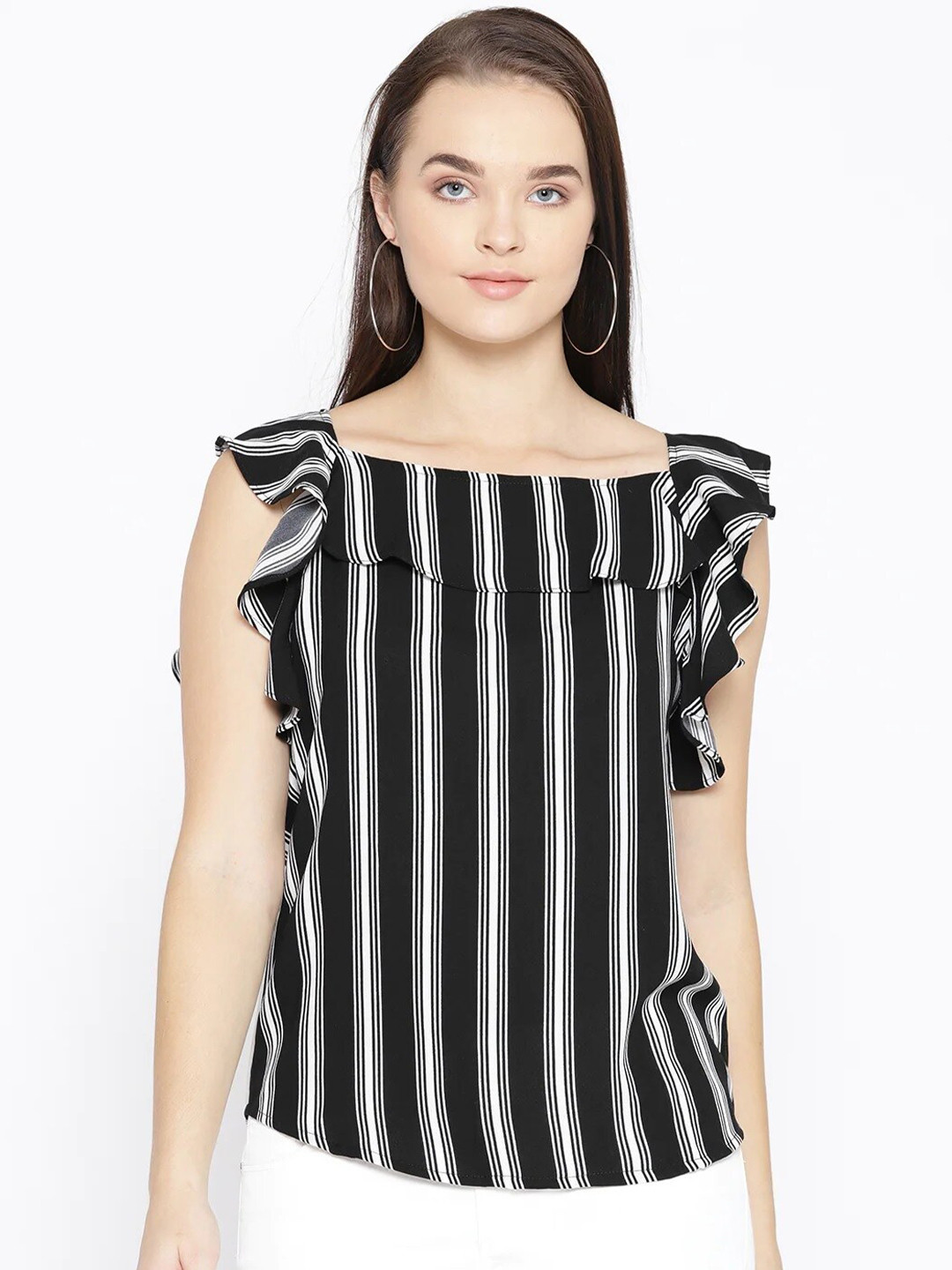 Be Indi Women Black & White Striped Ruffles Crepe Top