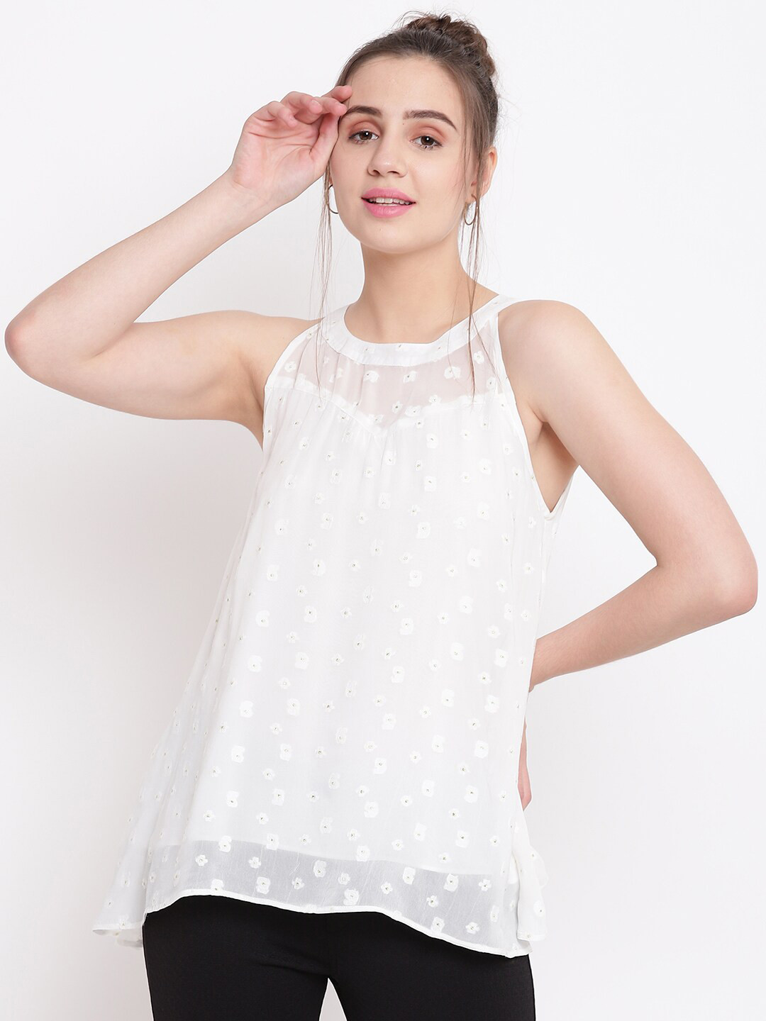 Be Indi Women White Floral Embroidered Net Top