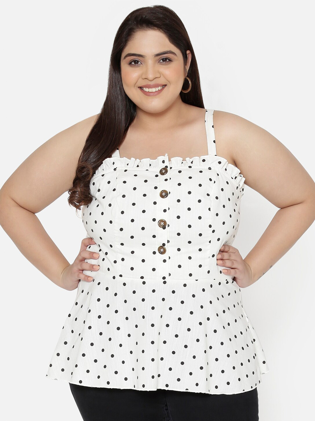 wild U Plus Women White & Black Print Peplum Smocked Top