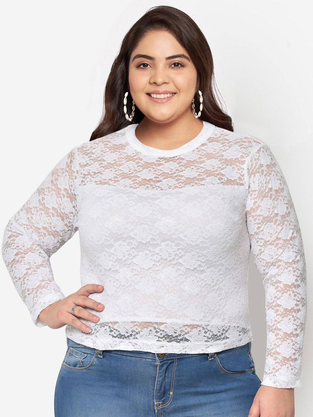 wild U Plus Women White Sheen Sheer Lace Top