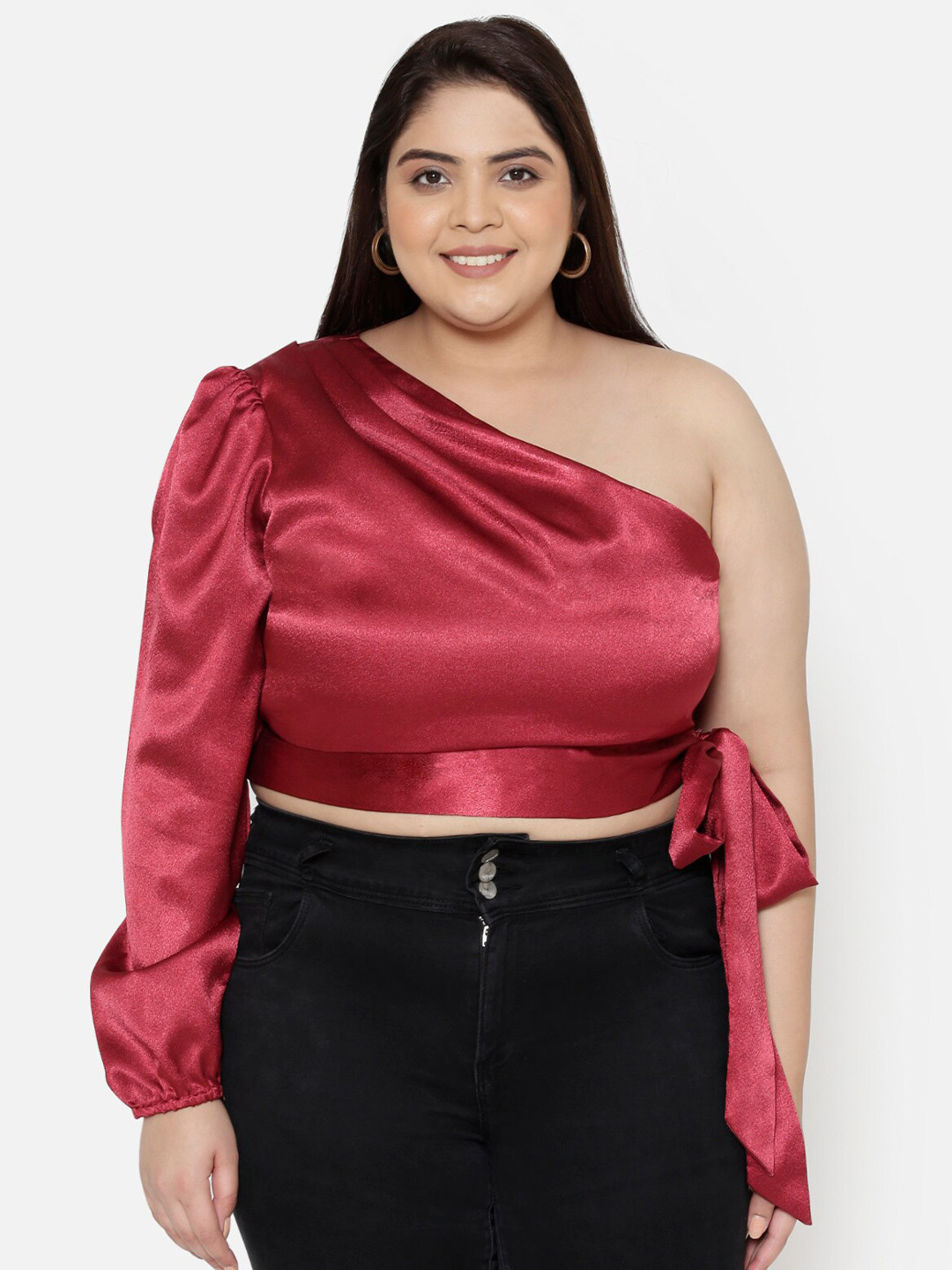 wild U Plus Women Maroon One Shoulder Satin Crop Top