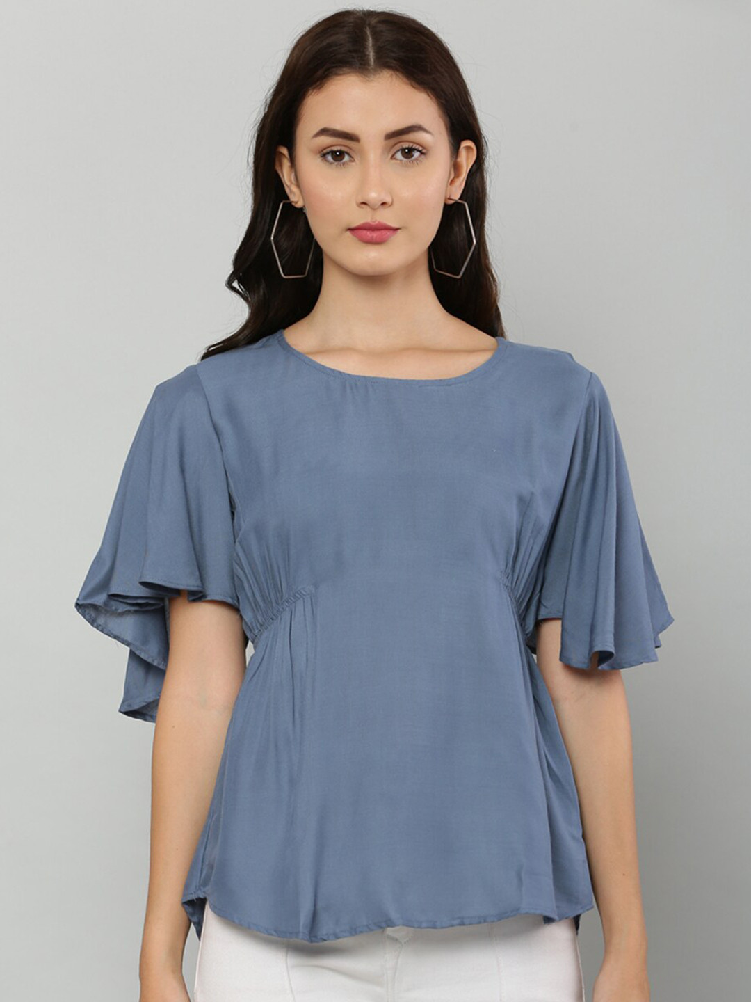 EZIS FASHION Grey Solid Round Neck Viscose Rayon Top