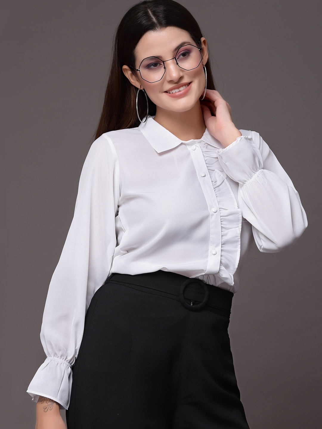 White formal shirt with black buttons hot sale
