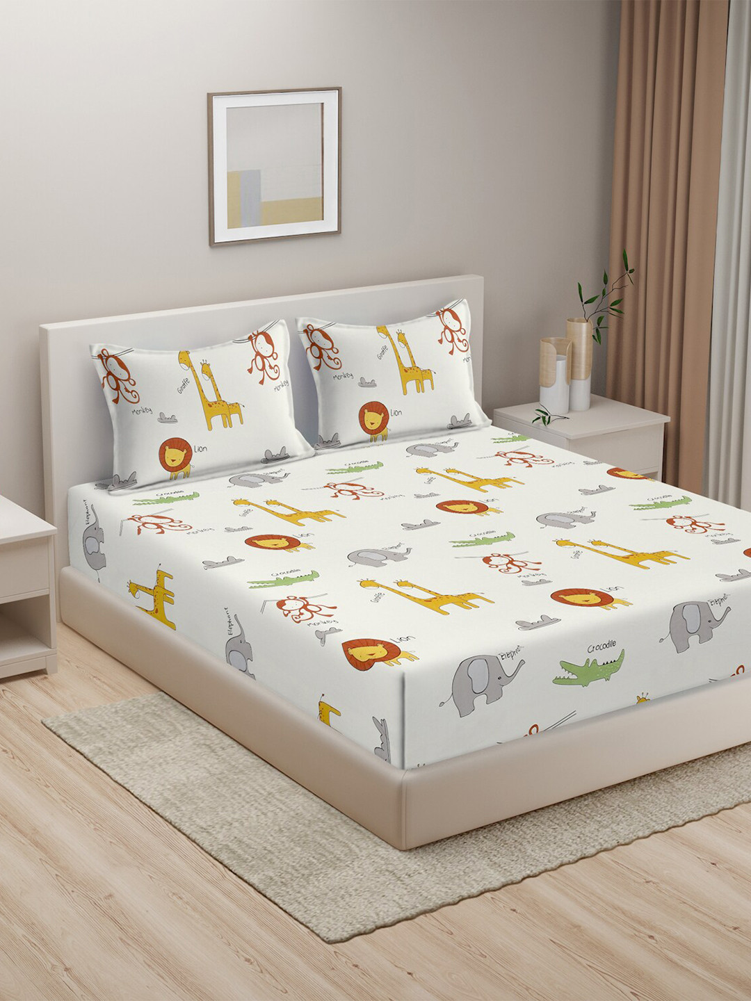 MORADO Cashm_Dbs Off White Graphic Polycotton 210 TC Fitted Queen Fine Bedsheet with 2 Pillow Covers-78 x 72 inches