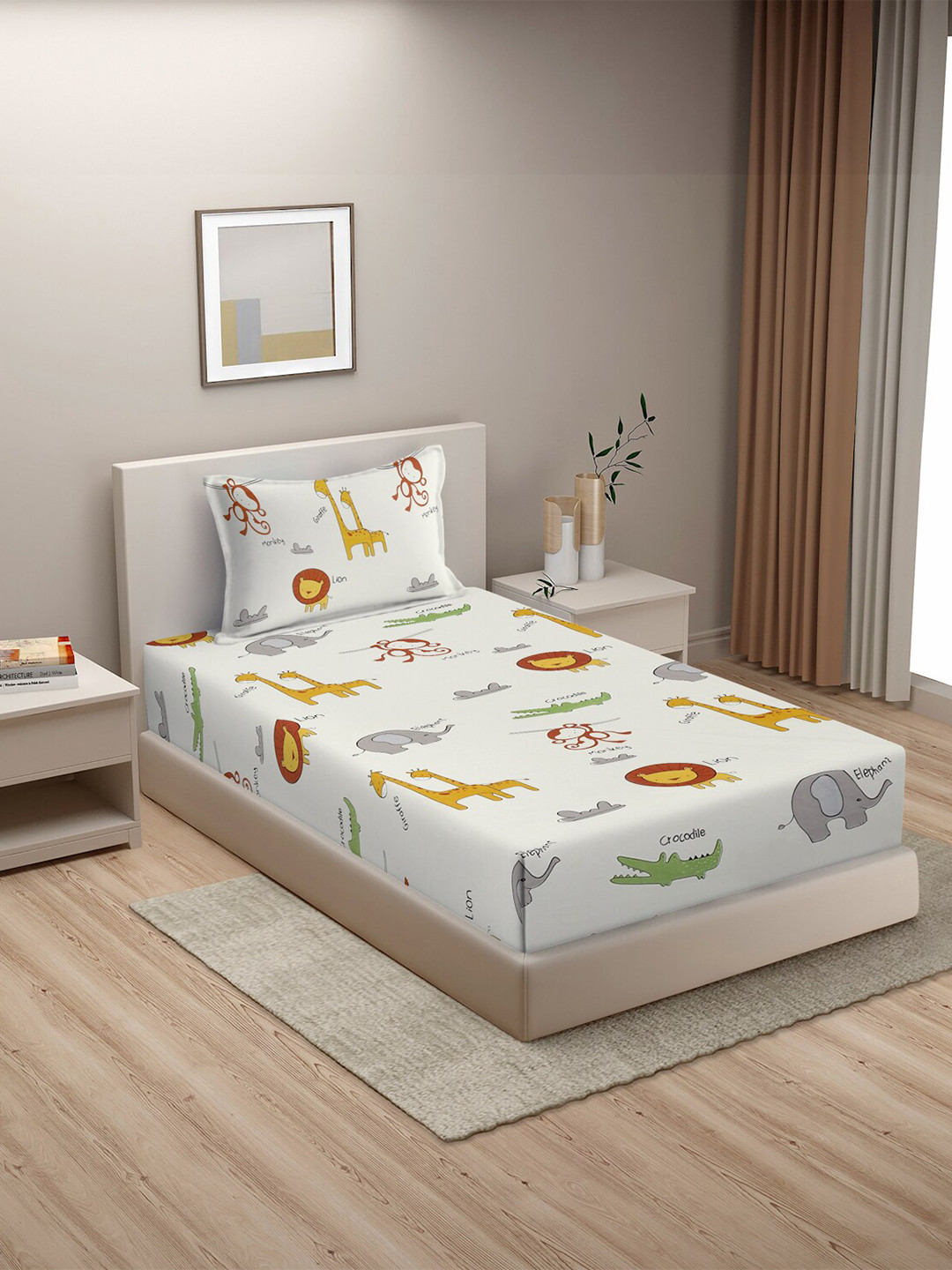 MORADO Off White Graphic Polycotton 210 TC Fitted Single Fine Bedsheet with a Pillow Cover-198 x 91 x 15 cm