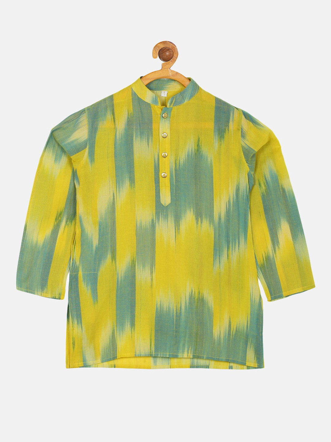 PAROKSH Boys Yellow Dyed Flared Sleeves Thread Work Shadow Work Khadi Handloom Kurta