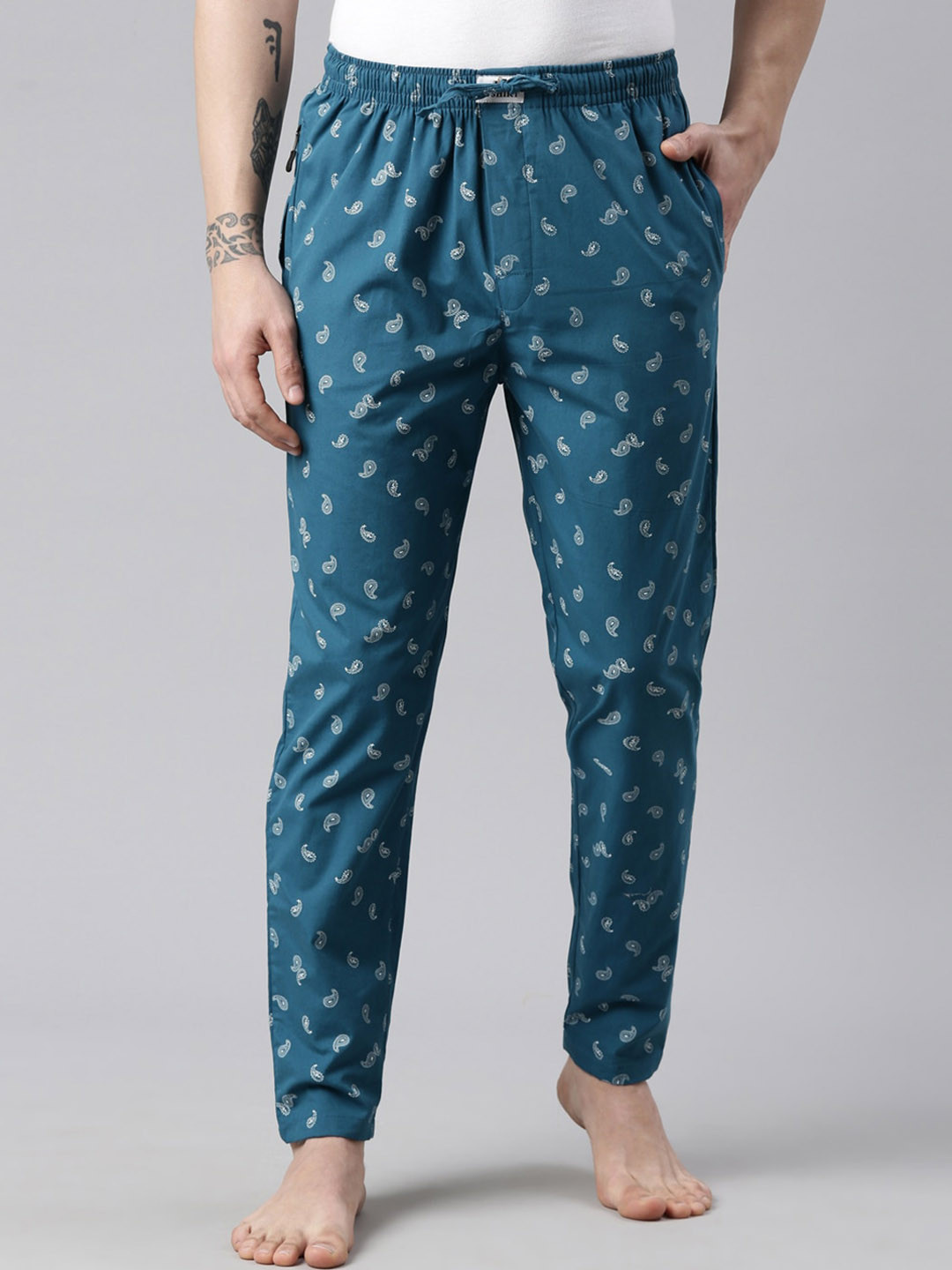Bushirt Men Turquoise Blue Printed Pure Cotton Drawstring Lounge Pant