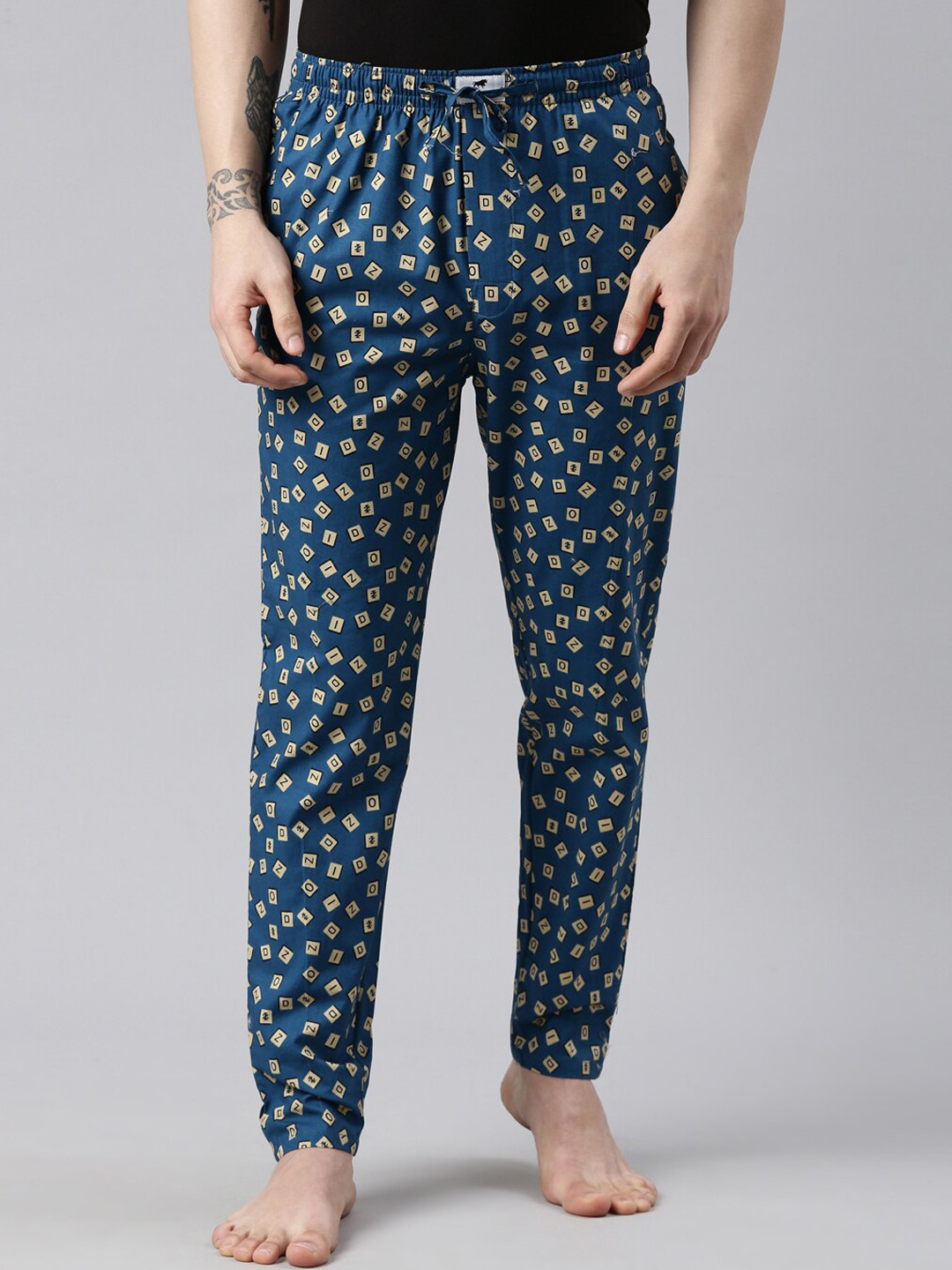 Bushirt Men Teal Blue Printed Pure Cotton Drawstring Lounge Pants