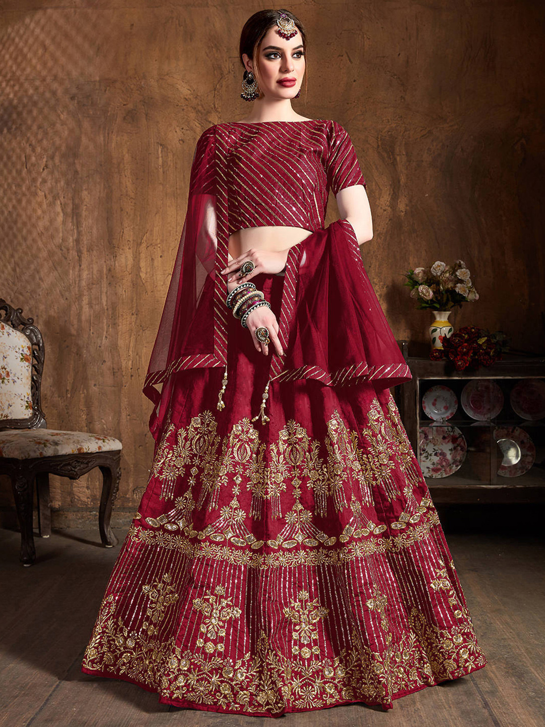 FABPIXEL Red & Gold-Toned Embroidered Thread Work Semi-Stitched Lehenga & Unstitched Blouse With Dupatta