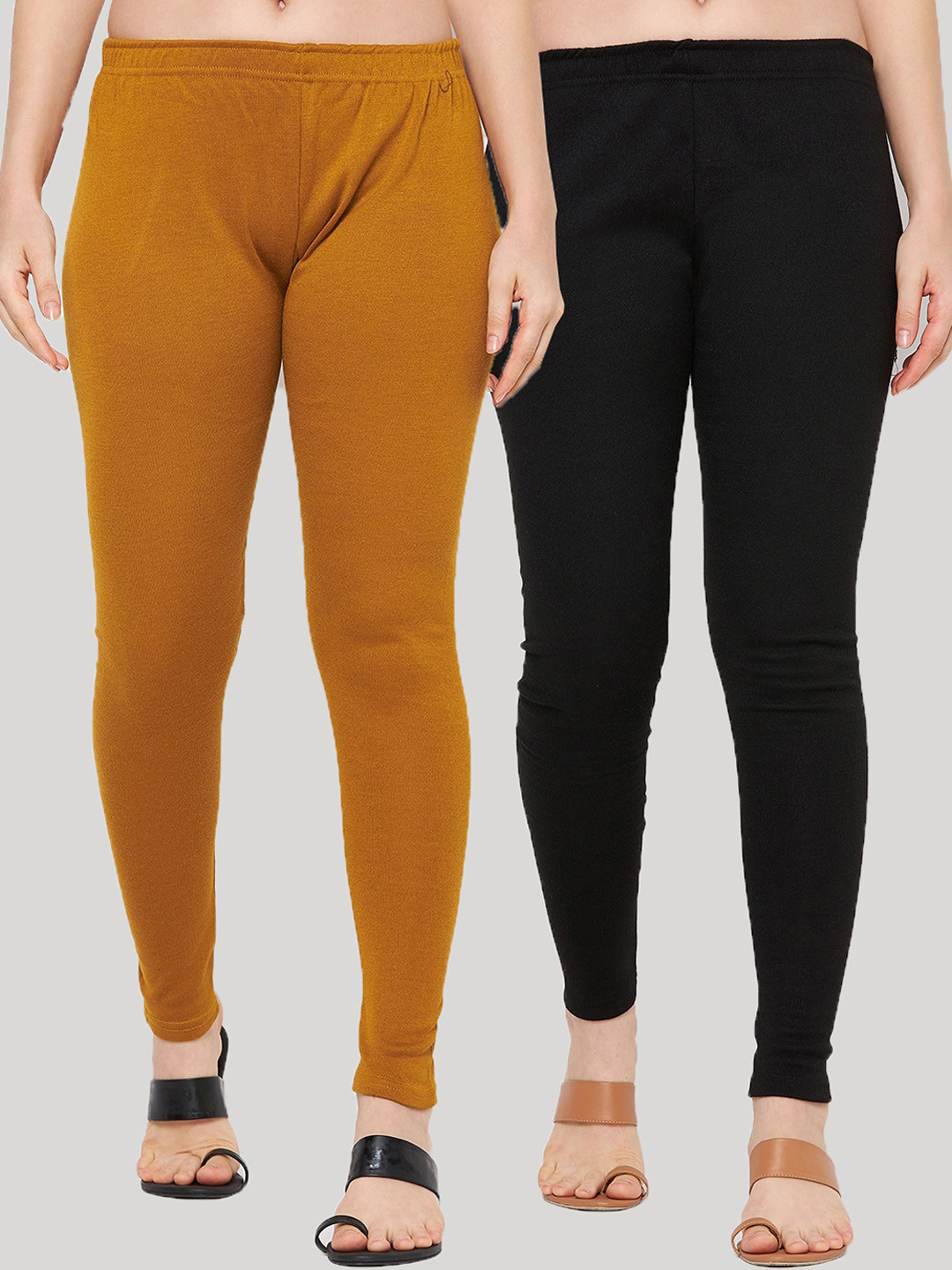 Clora Creation Women Pack Of 2 Black & Mustard Brown Solid Woolen Ankle-Length Leggings
