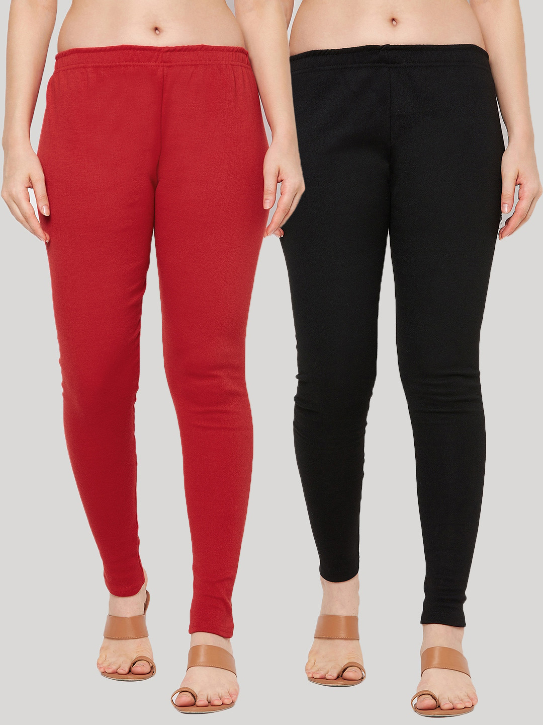 Clora Creation Women Pack Of 2 Red & Black Solid Woollen Ankle Length Leggings