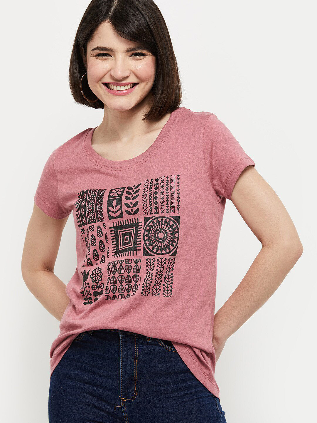 max Women Pink Geometric Printed Pure Cotton T-shirt