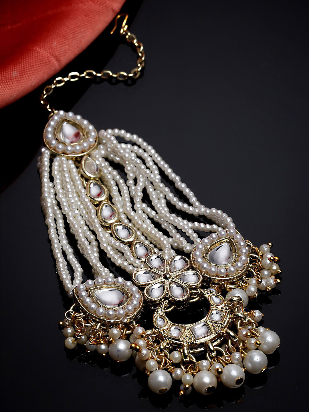 KARATCART Gold-Plated White Kundan-Studded & Beaded Jhumar Passa