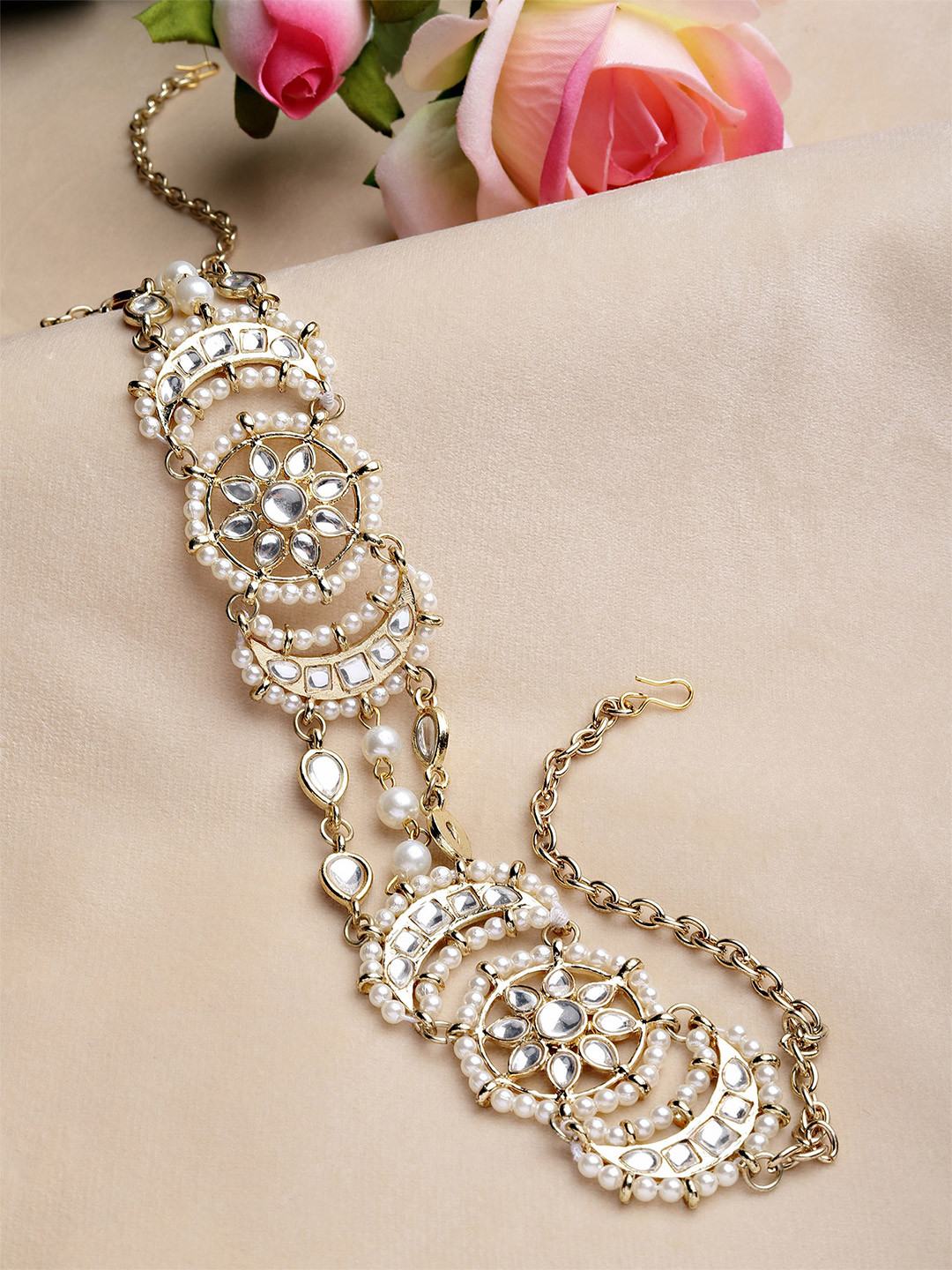 KARATCART Gold-Plated White Kundan-Studded & Beaded Head Chain