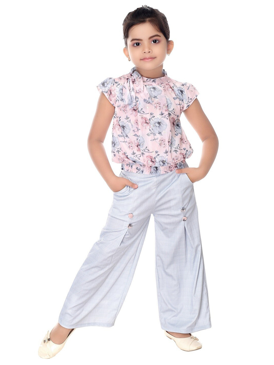 Nottie Planet Girls Pink & Grey Printed Top with Palazzos
