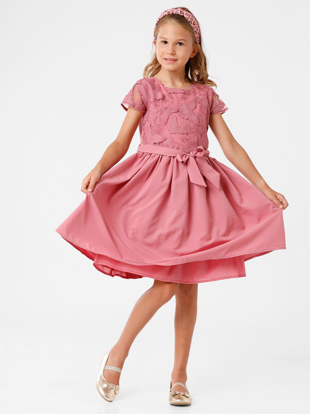 KATE & OSCAR Girl Pink Georgette Embroidered Dress