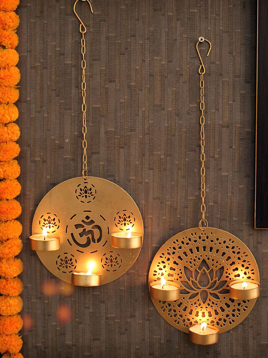 TIED RIBBONS Set Of 2 Gold-Toned Metal Hanging Tealight Candle Holders