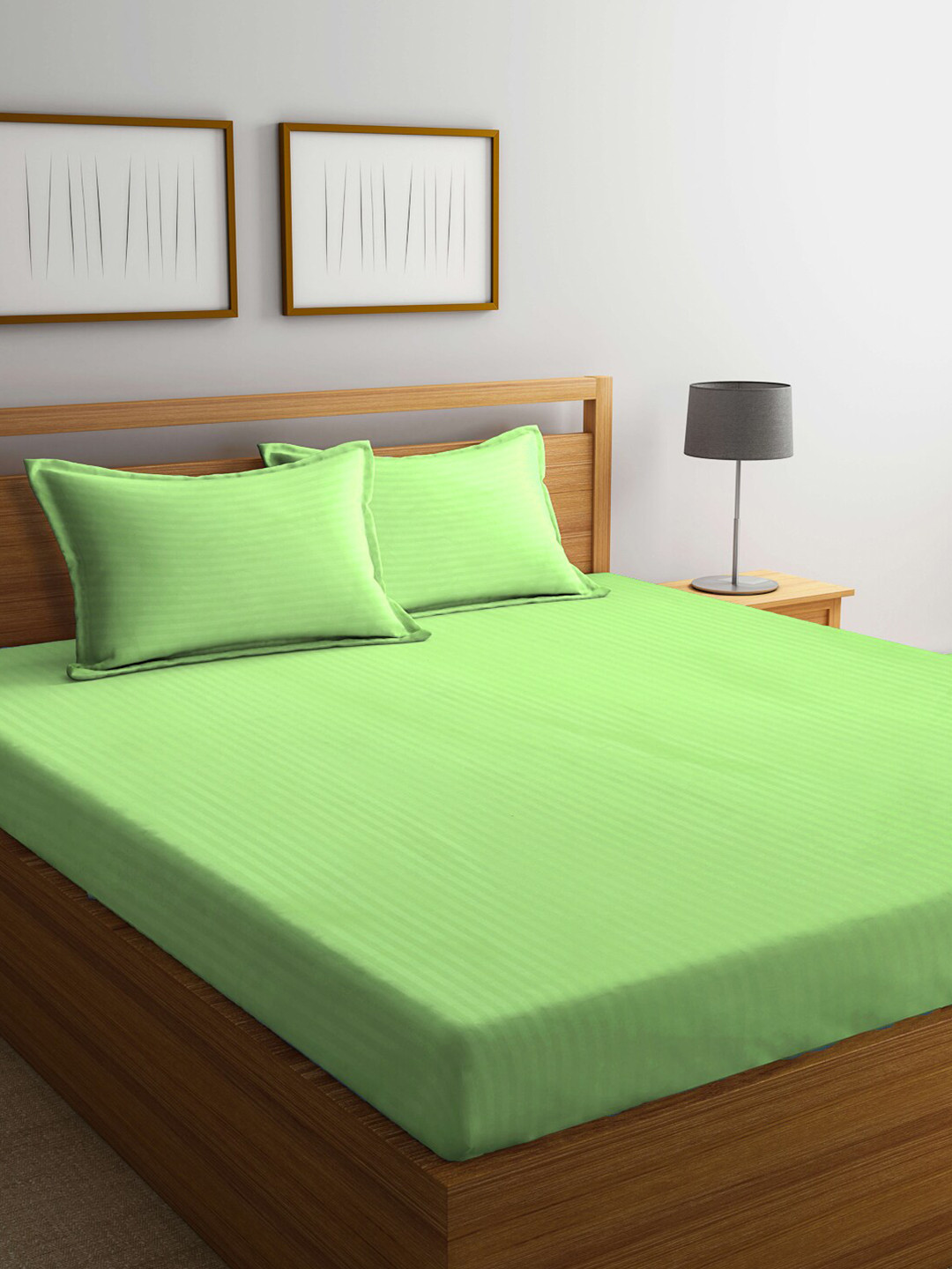 KLOTTHE Green Striped Polycotton 300 TC Super King Fine Bedsheet with 2 Pillow Covers-106 x 106 inches