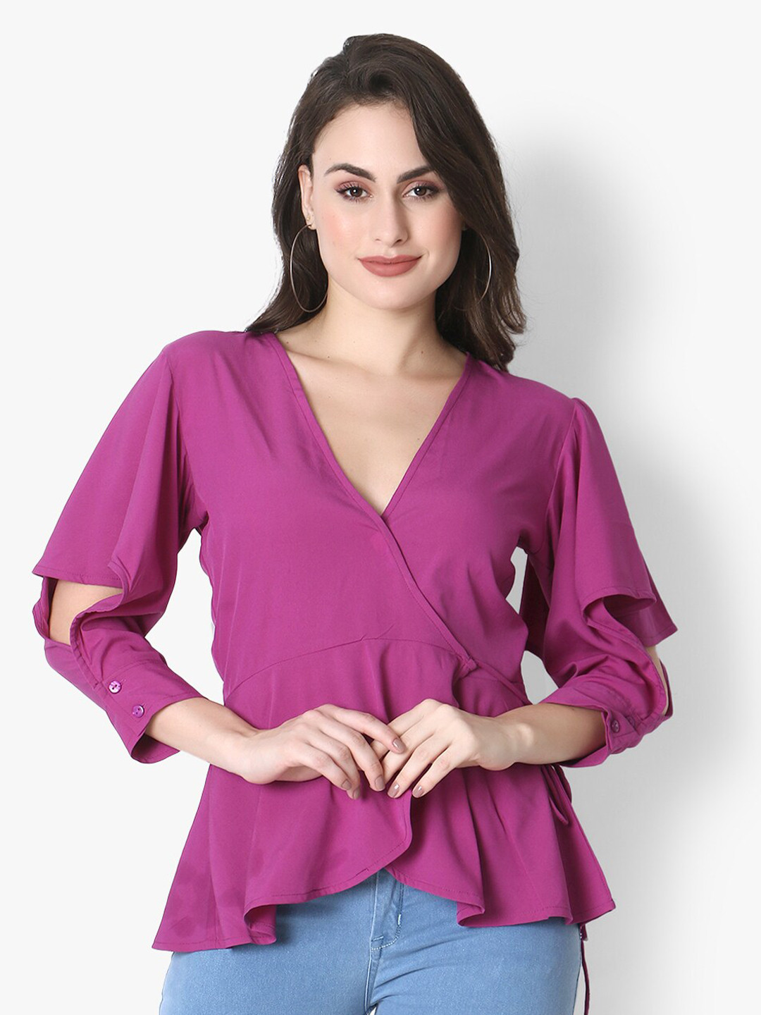 Again fashions Women Purple Slit Sleeves Wrap Top