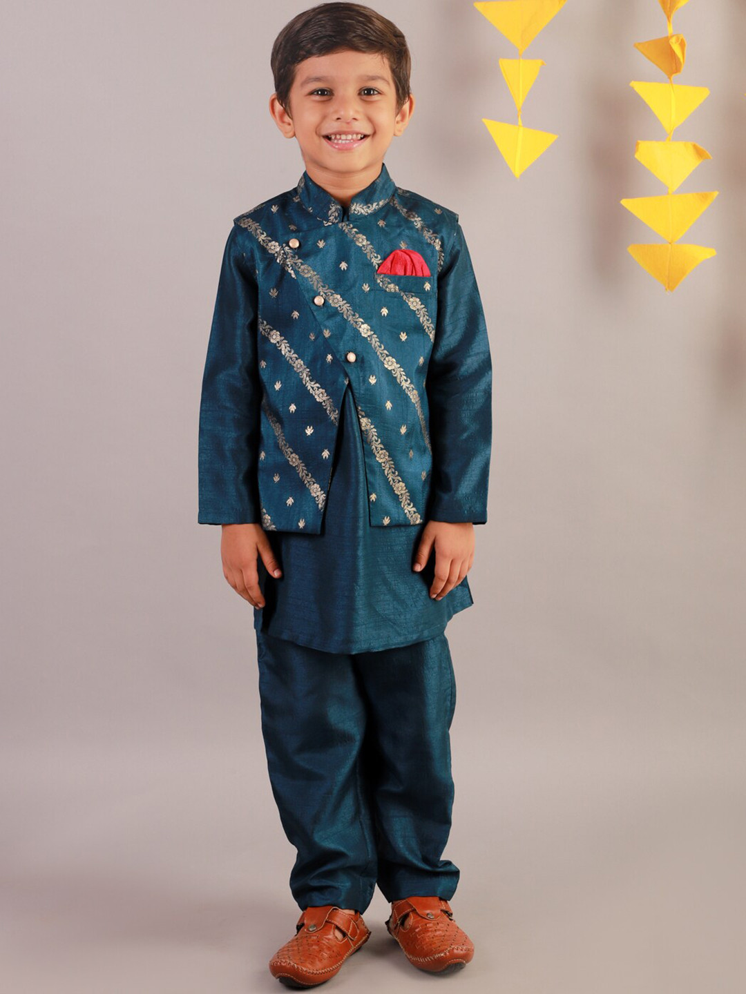 LIL DRAMA Boys Teal Floral Angrakha Kurta with Pyjamas and Jacket