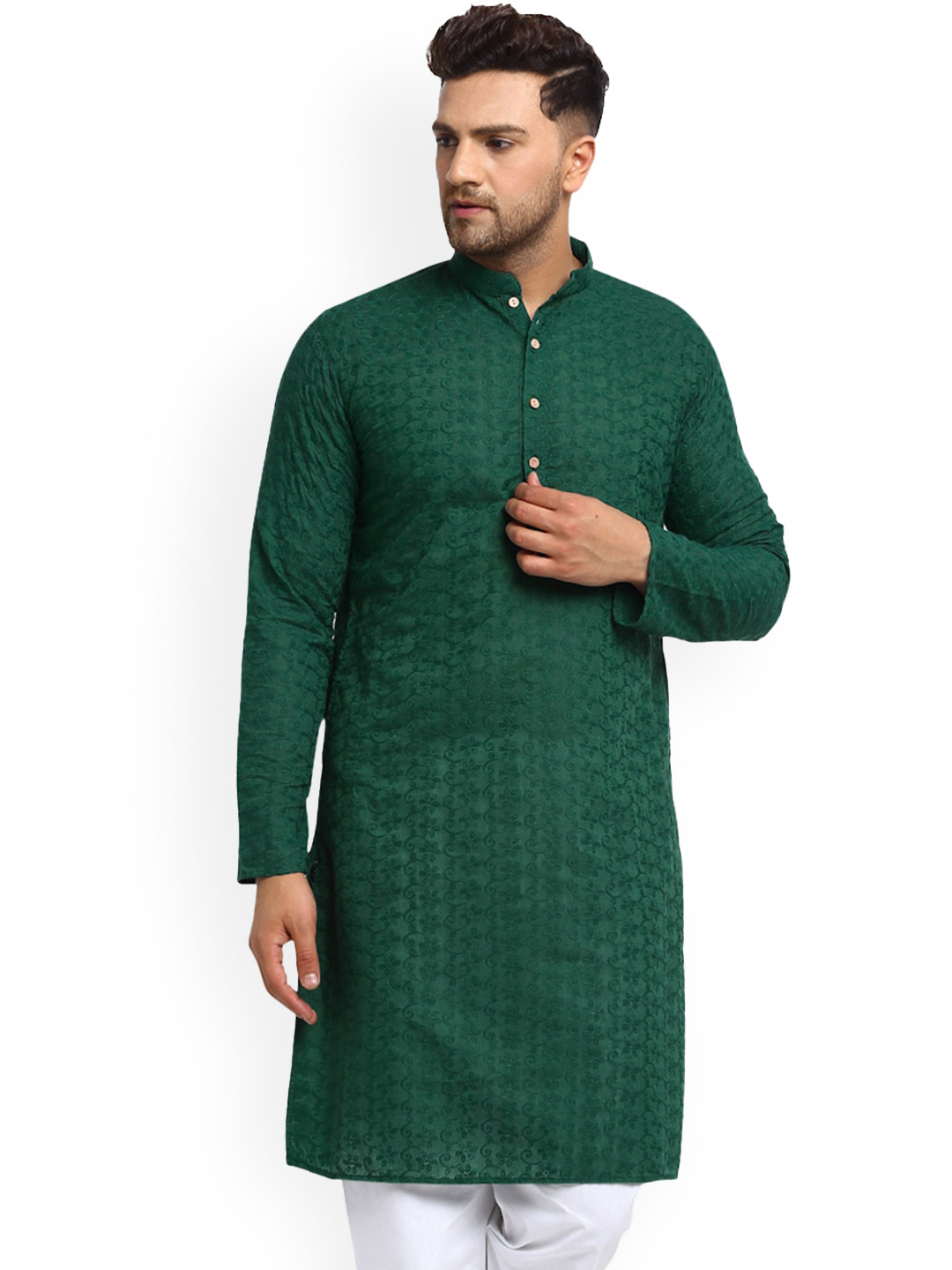 TREEMODA Men Green Thread Work Kurta