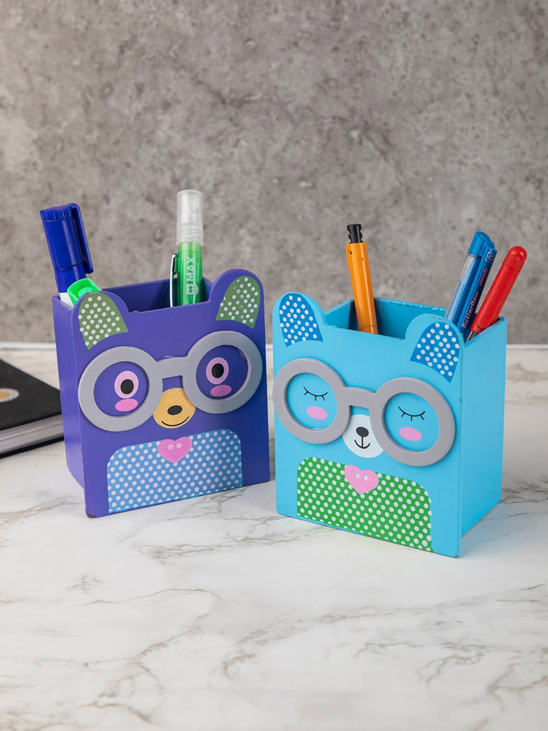 MARKET99 Set of 2 Blue & Purple Animal Design Wooden Pen Stand