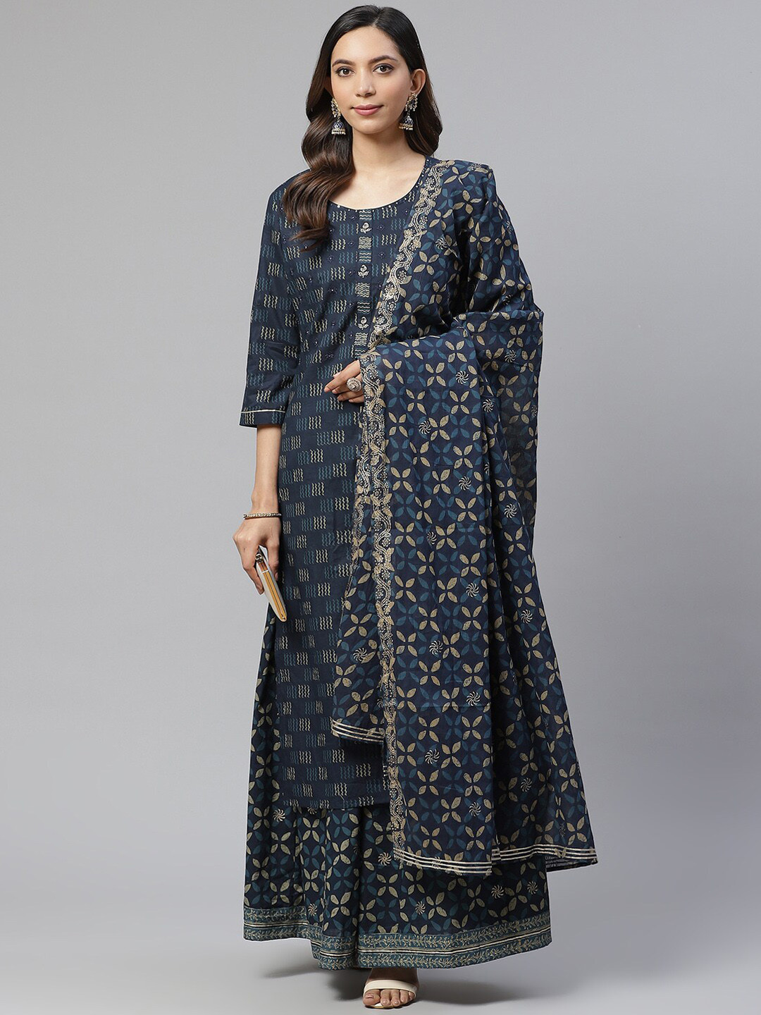 Divena Women Blue Floral Printed Sequinned Pure Cotton Kurta with Skirt & With Dupatta