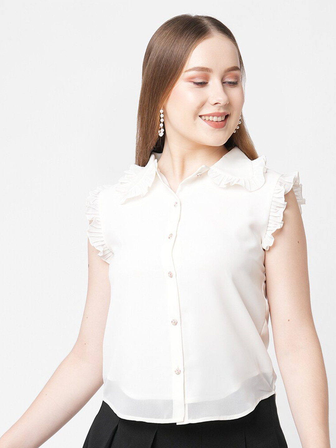 MISH Women Off White Ruffles Georgette Shirt Style Top