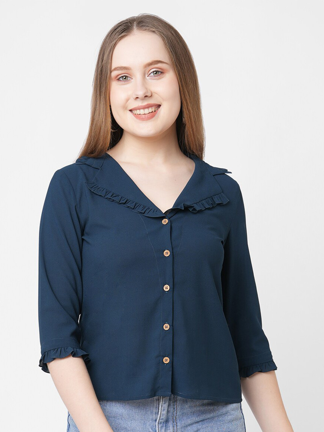 MISH Women Navy Blue Ruffles Georgette Shirt Style Top