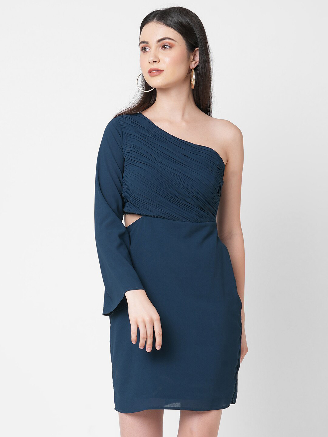 MISH Teal One Shoulder Georgette Sheath Cut-Outs Dress