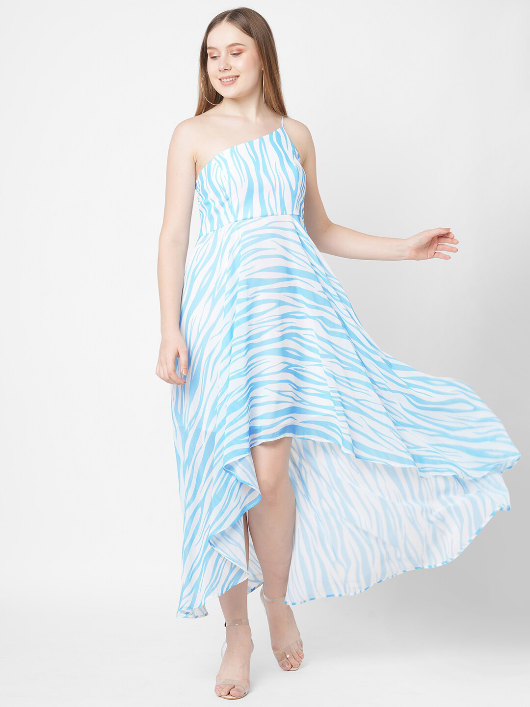 MISH Women White Striped One Shoulder Georgette Maxi Dress