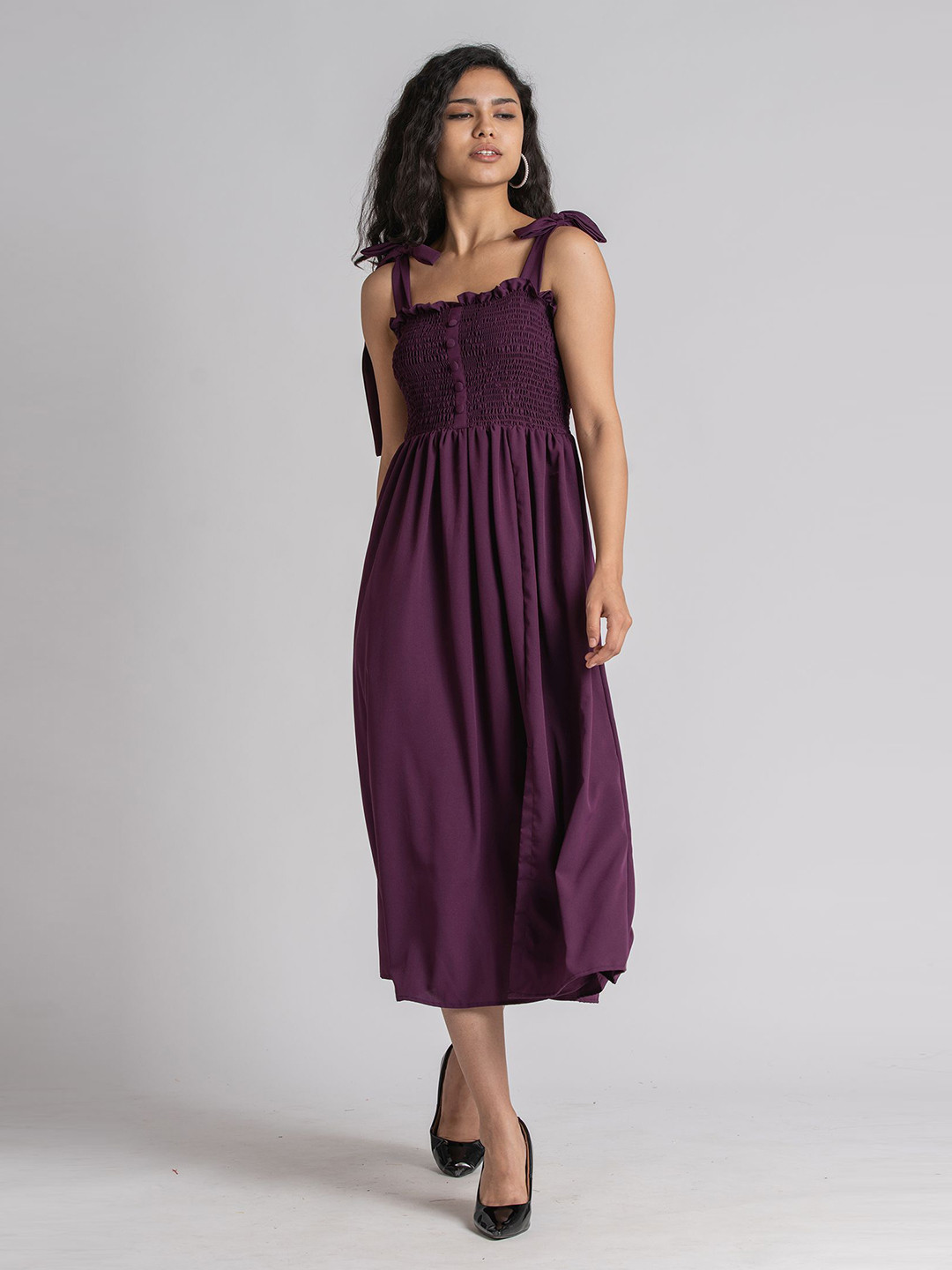 AASK Purple Crepe Smocked Midi Fit & Flare Dress