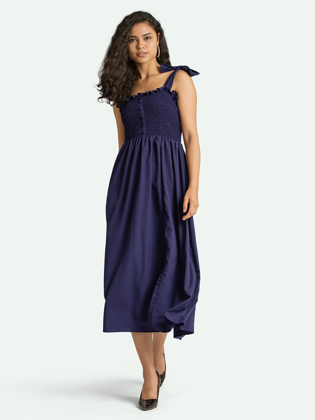 AASK Blue Crepe Smocked Midi Fit & Flare Dress