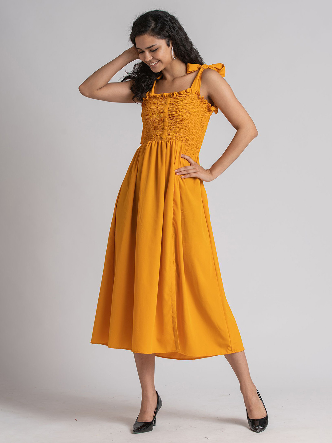AASK Yellow Crepe Smocked Midi Fit & Flare Dress