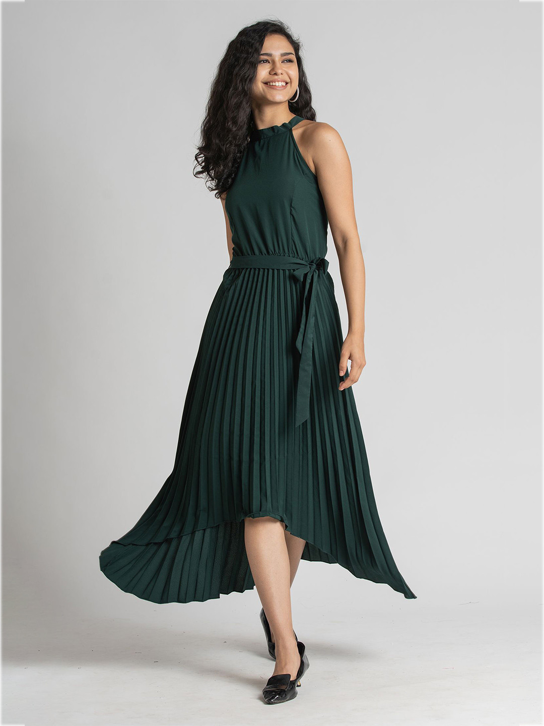 AASK Green Halter Neck Crepe Maxi Dress