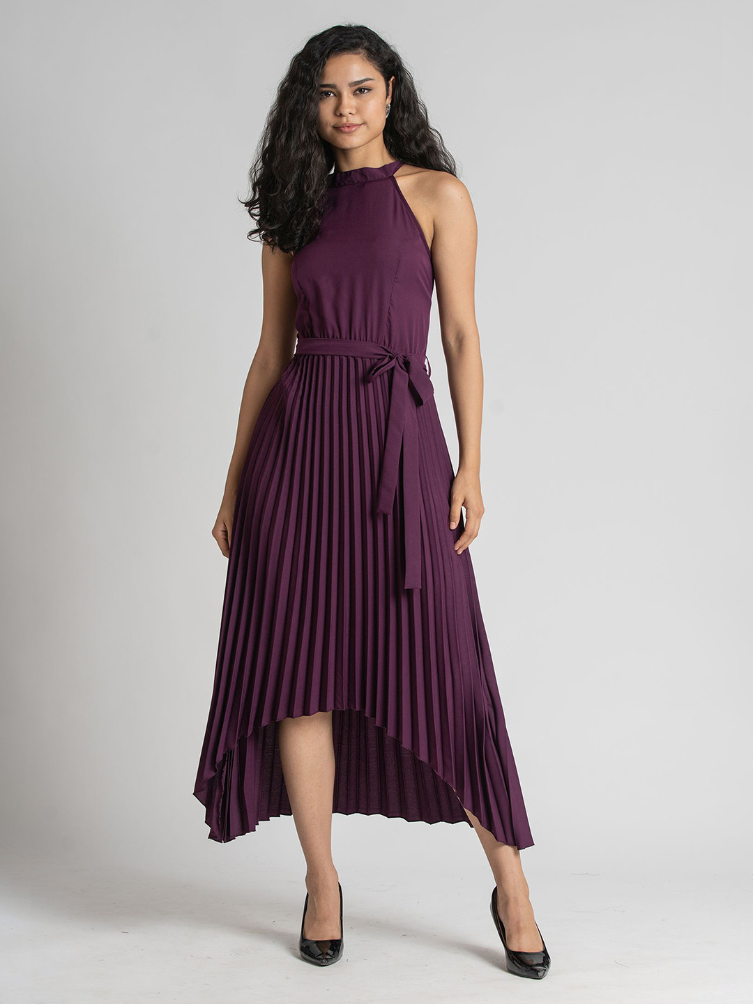 AASK Purple Halter Neck Crepe Maxi Dress