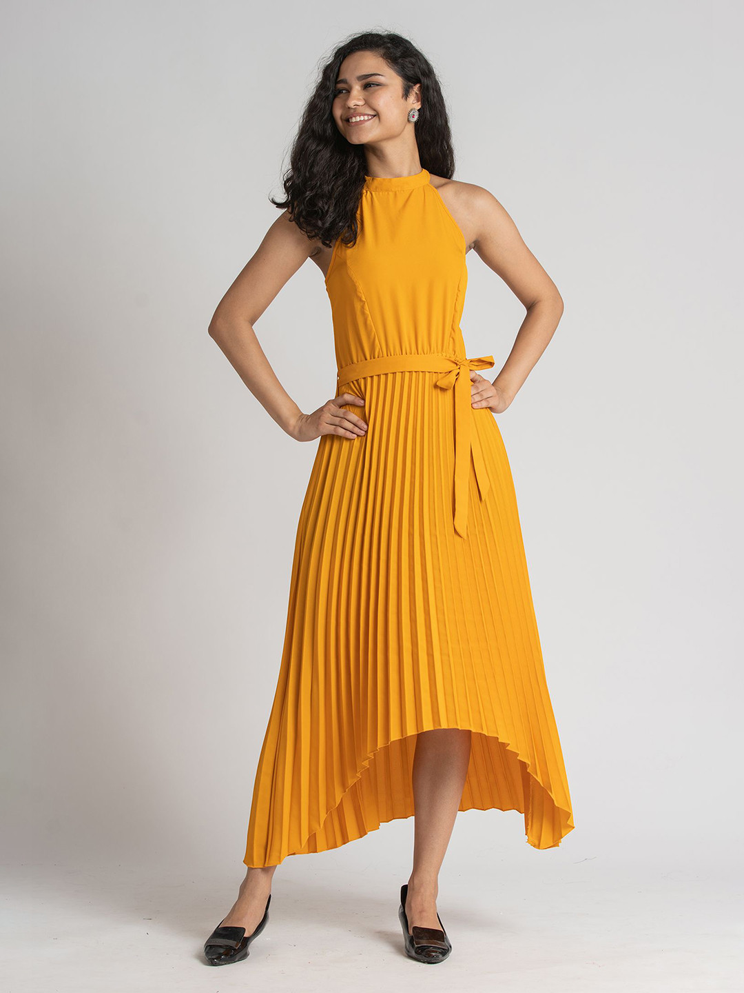 AASK Yellow Halter Neck Accordion Pleats Maxi Dress