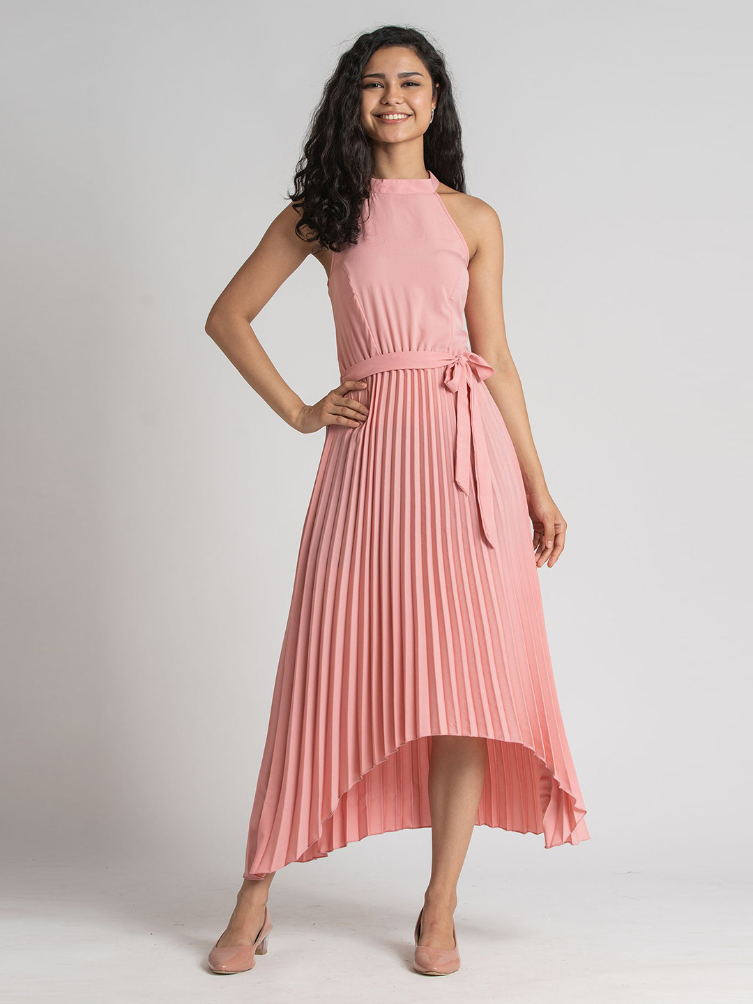 AASK Pink Halter Neck Crepe Accordion Pleated Maxi Dress