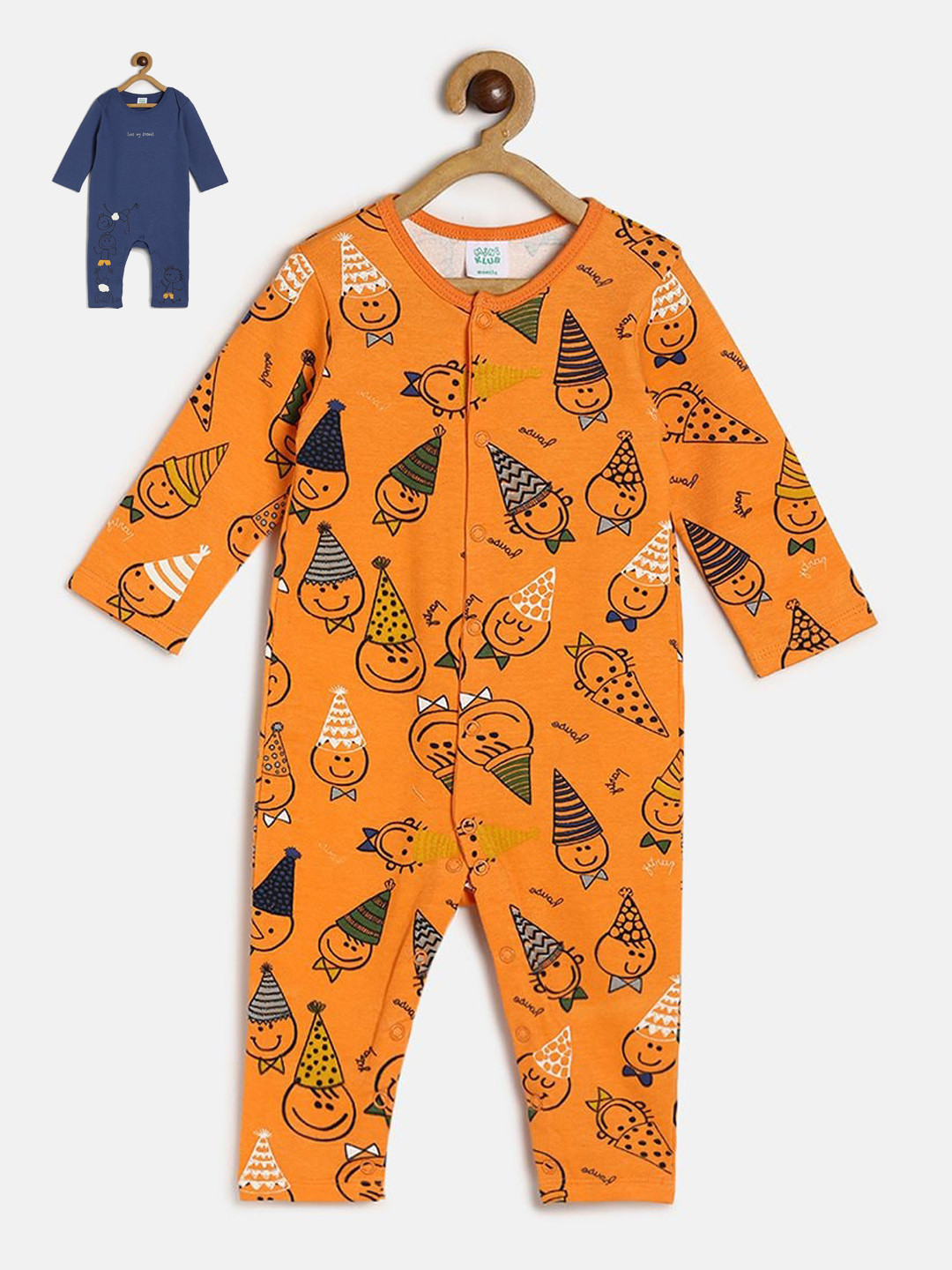 MINI KLUB Infants Pack Of 2 Orange & Blue Printed Pure Cotton Rompers