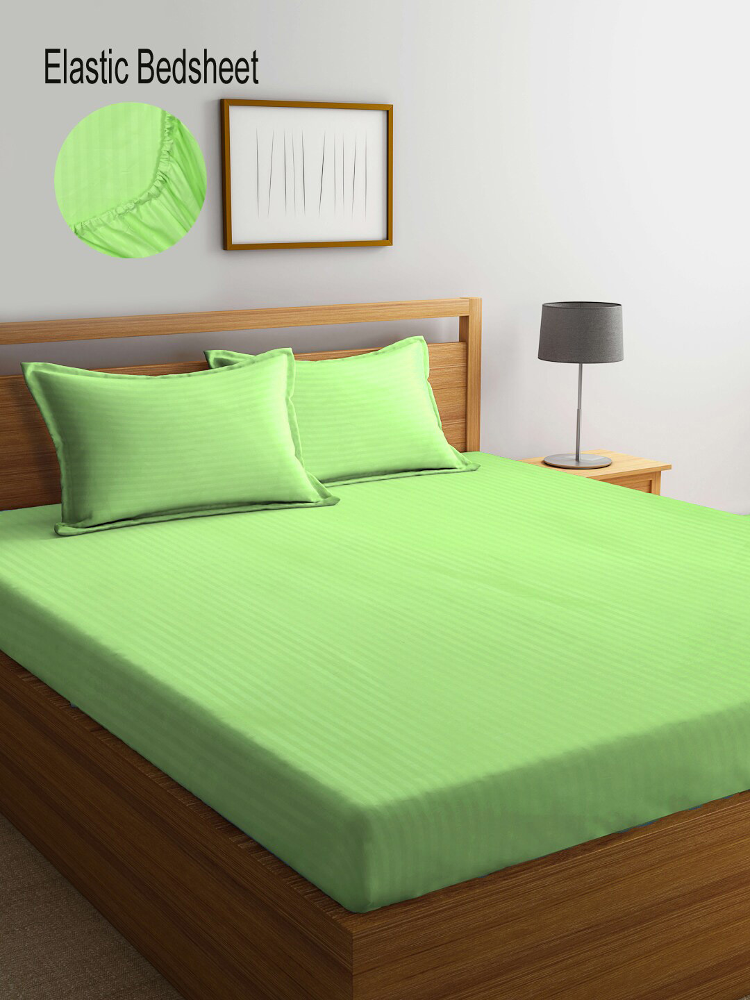 KLOTTHE Green Striped Polycotton 300 TC Fitted Super King Fine Bedsheet with 2 Pillow Covers-106 x 106 inches