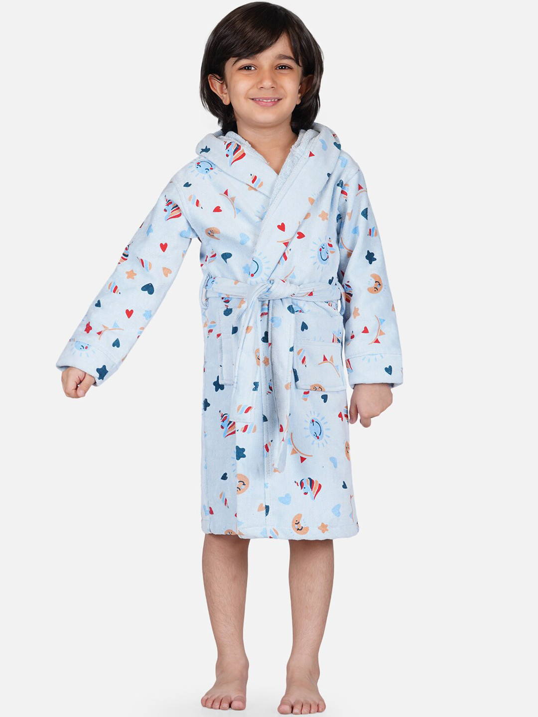RANGOLI Soft, Unicorn Blue Conversational Cotton Drawstring Knee Length Bath Robe
